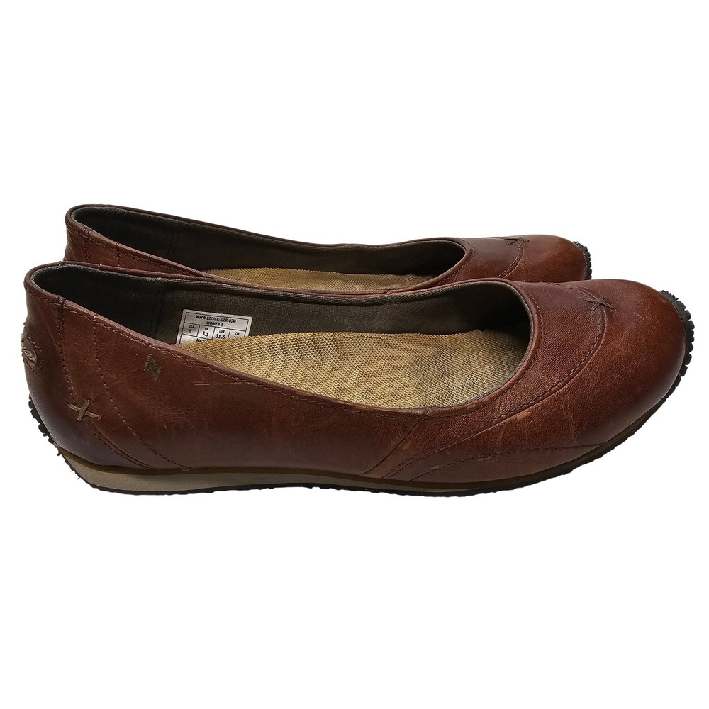 Eddie Bauer Women 8 Brown‎ Leather Ballet Flats Rubber Toe Bumper Slip On Shoes